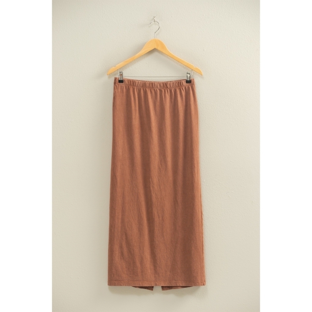 Double Zero 100% Cotton Mineral Washed Maxi Skirt with Back Slit Chestnut